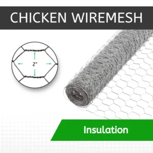 Rolled chicken wiremesh with hexagonal pattern for insulation, showing 2-inch mesh opening size in cross-section diagram
